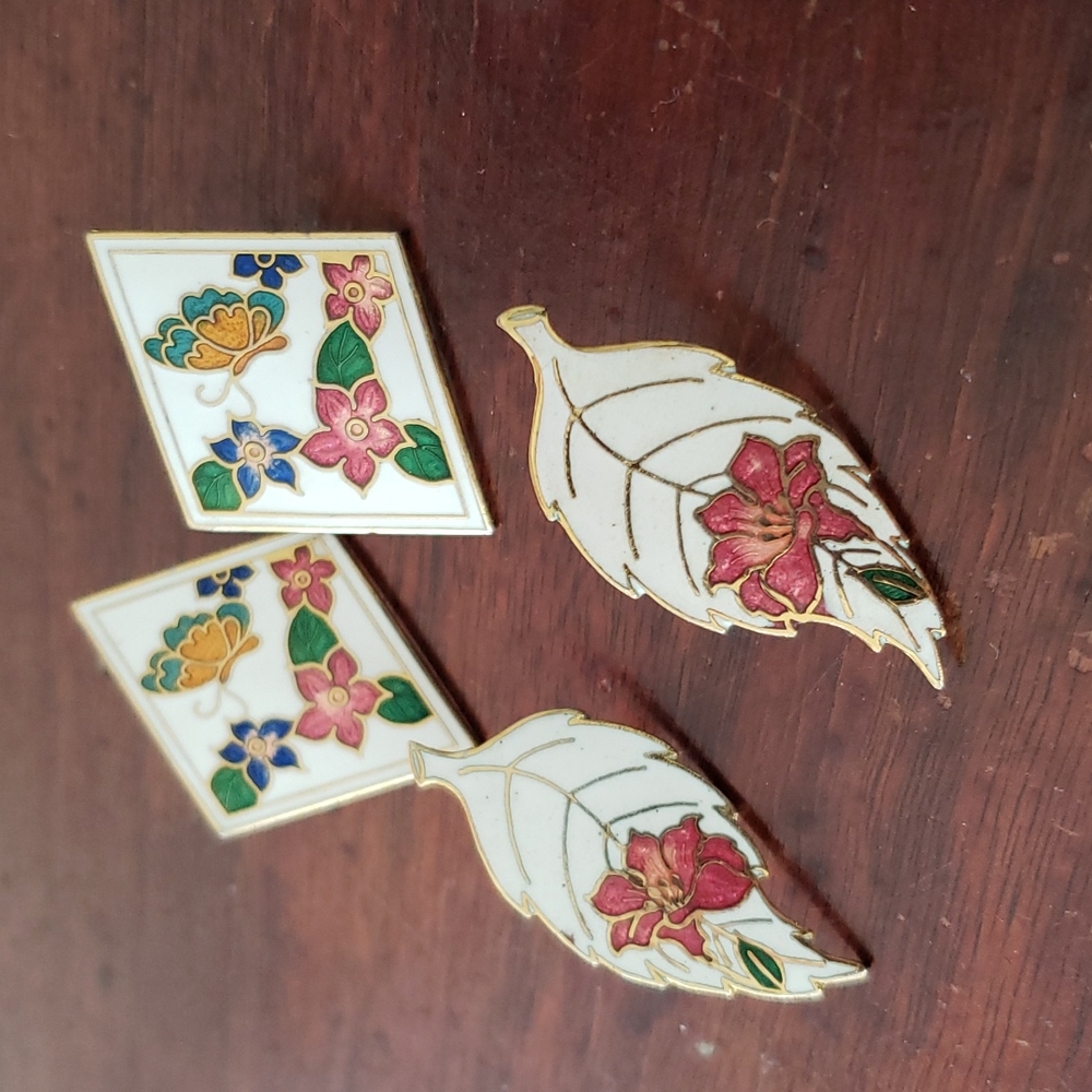 Vintage White Enamel Leaf & Butterfly Earrings 2 Pairs